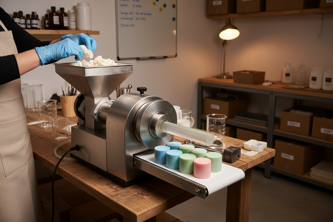 Small batch soap extruder machine with white soap noodles fed into the hopper and coloured soap slugs emerging from the die plate