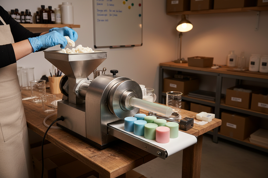 Small batch soap extruder machine with white soap noodles fed into the hopper and coloured soap slugs emerging from the die plate