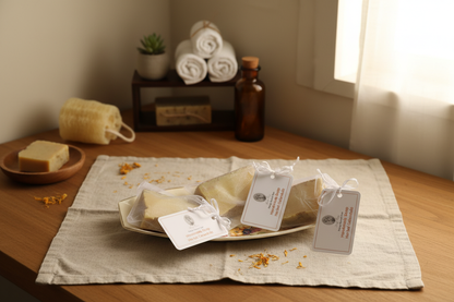 Calendula soap with homely background